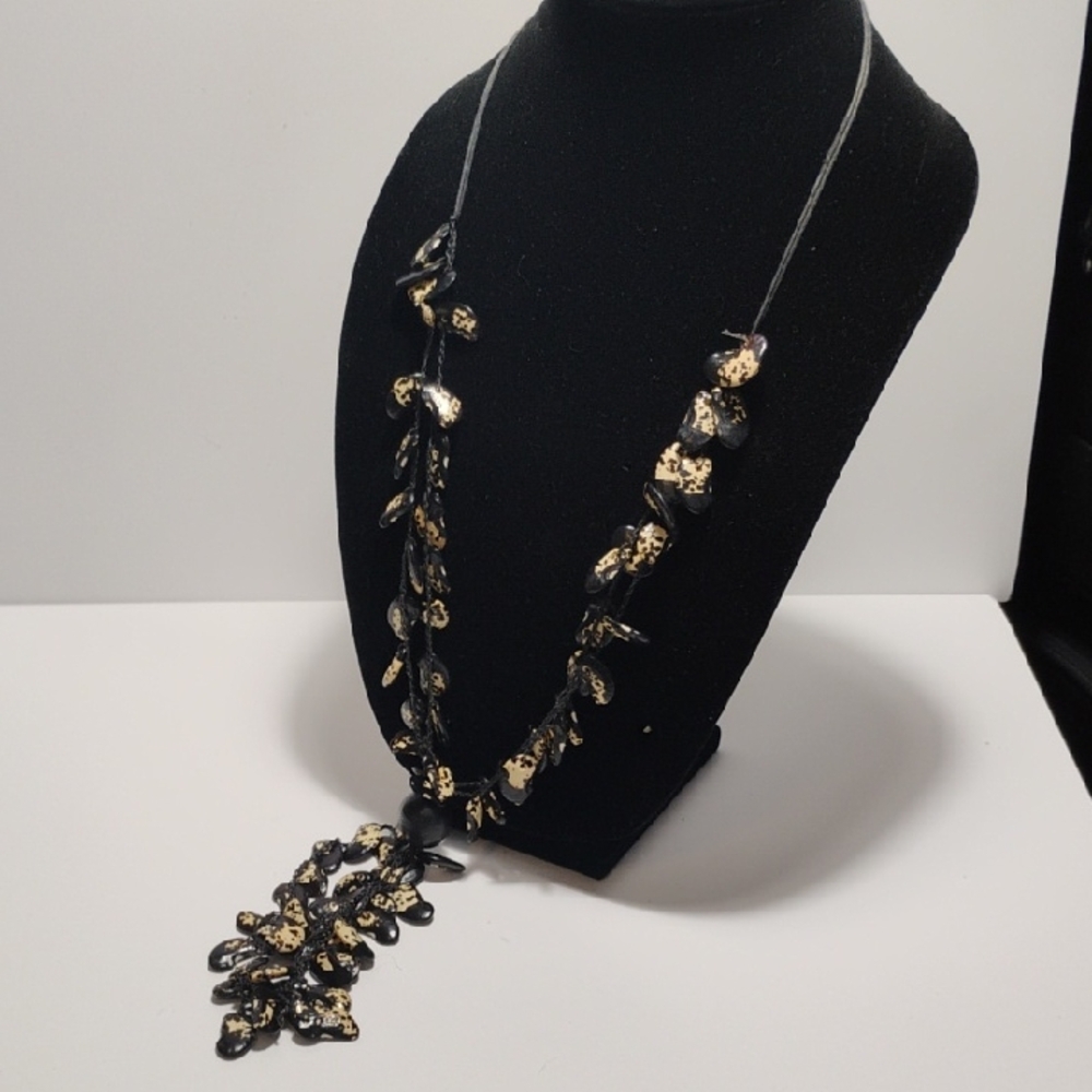 Artesan Statement Necklace Black Spotted Kidney Beans Hand Made Dangle Vintage